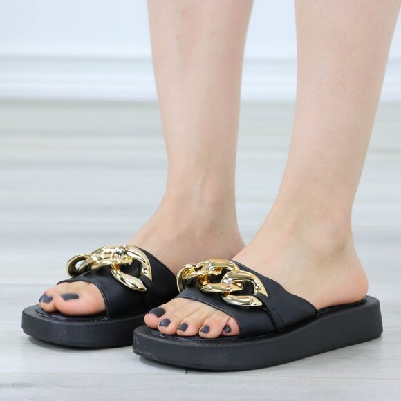 Black Chunky Comfy Flat Sandal Slip On Sliders - Picture 14 of 14